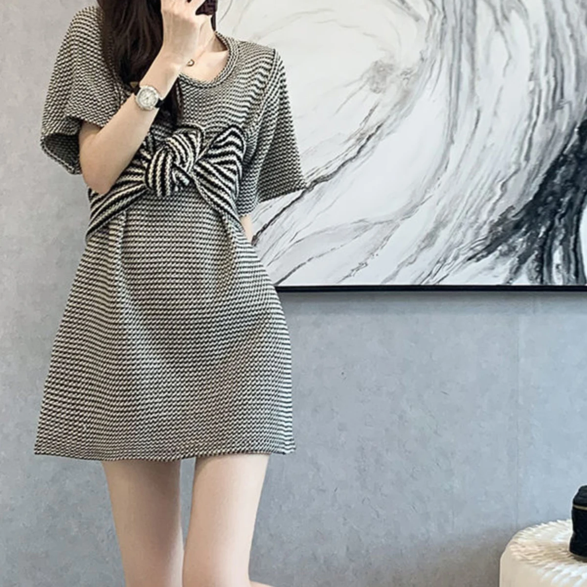 Women Bow Striped T-shirt Dress Summer Fashion Round Collar Short Sleeve Mini Dresses 2025 New Style Slim Fit Design