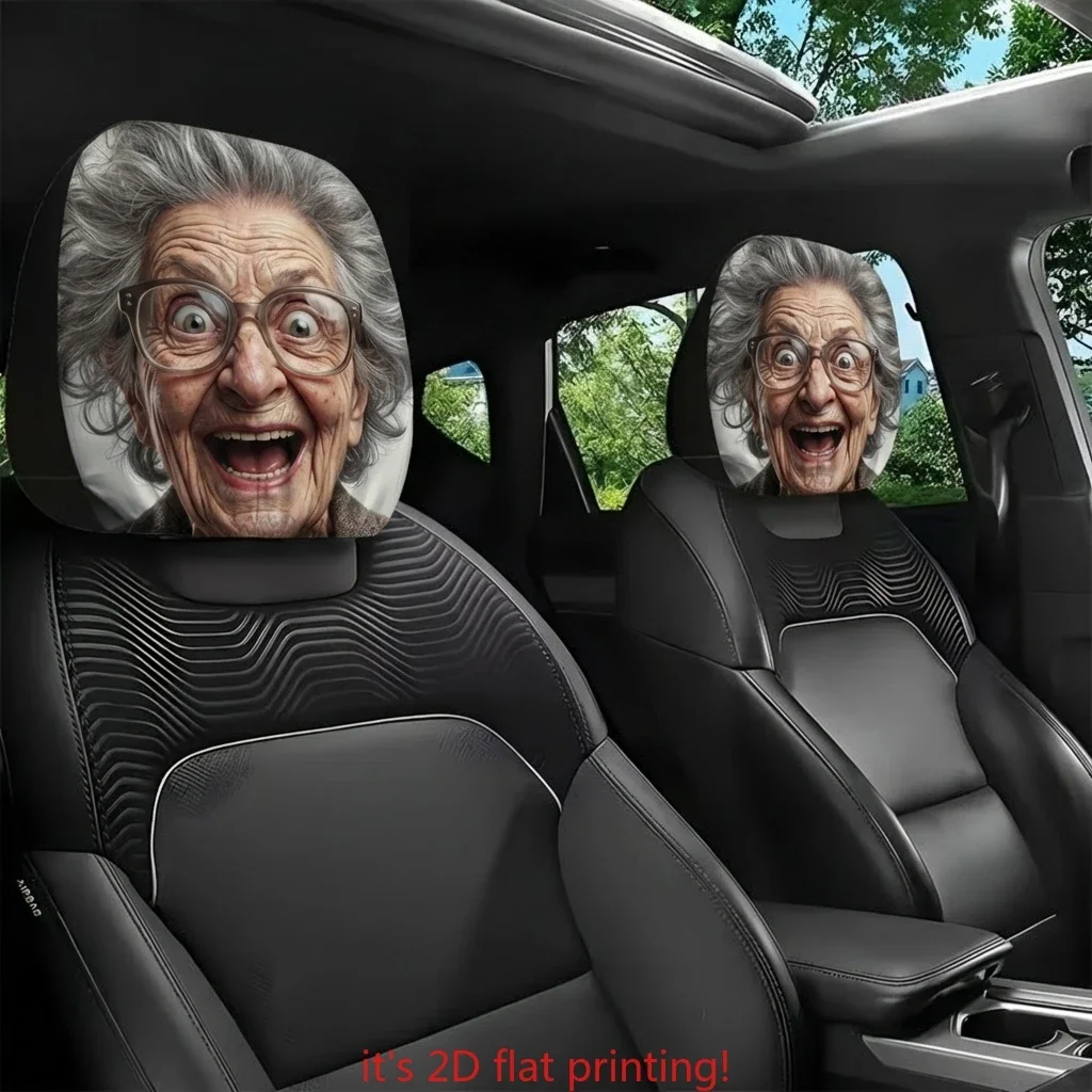 2Pcs Crazy Glasses Old Lady Print Car Headrest Covers No Padding Easy To Install Wash Funny Design All Season For Tra
