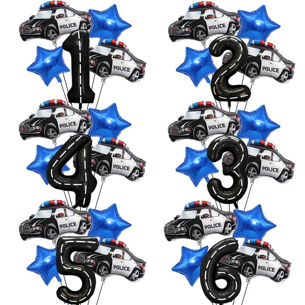 5PCS/Set Police Balloon Car Black White 40Inch Number Balloon Set Kids Adult Baby Shower Police Army Themed Party Decorations