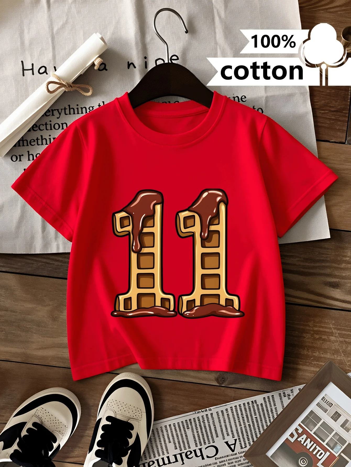 Children's Waffle Chocolate Drop Eleven Pattern Printed Design Round Neck Short T-shirt Casual and Comfortable Parent Child Wear