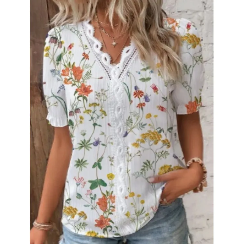 Elegante Blusa de manga curta impressa, camisa do painel do laço, V-Neck, escritório, verão, S-XXL, 2023