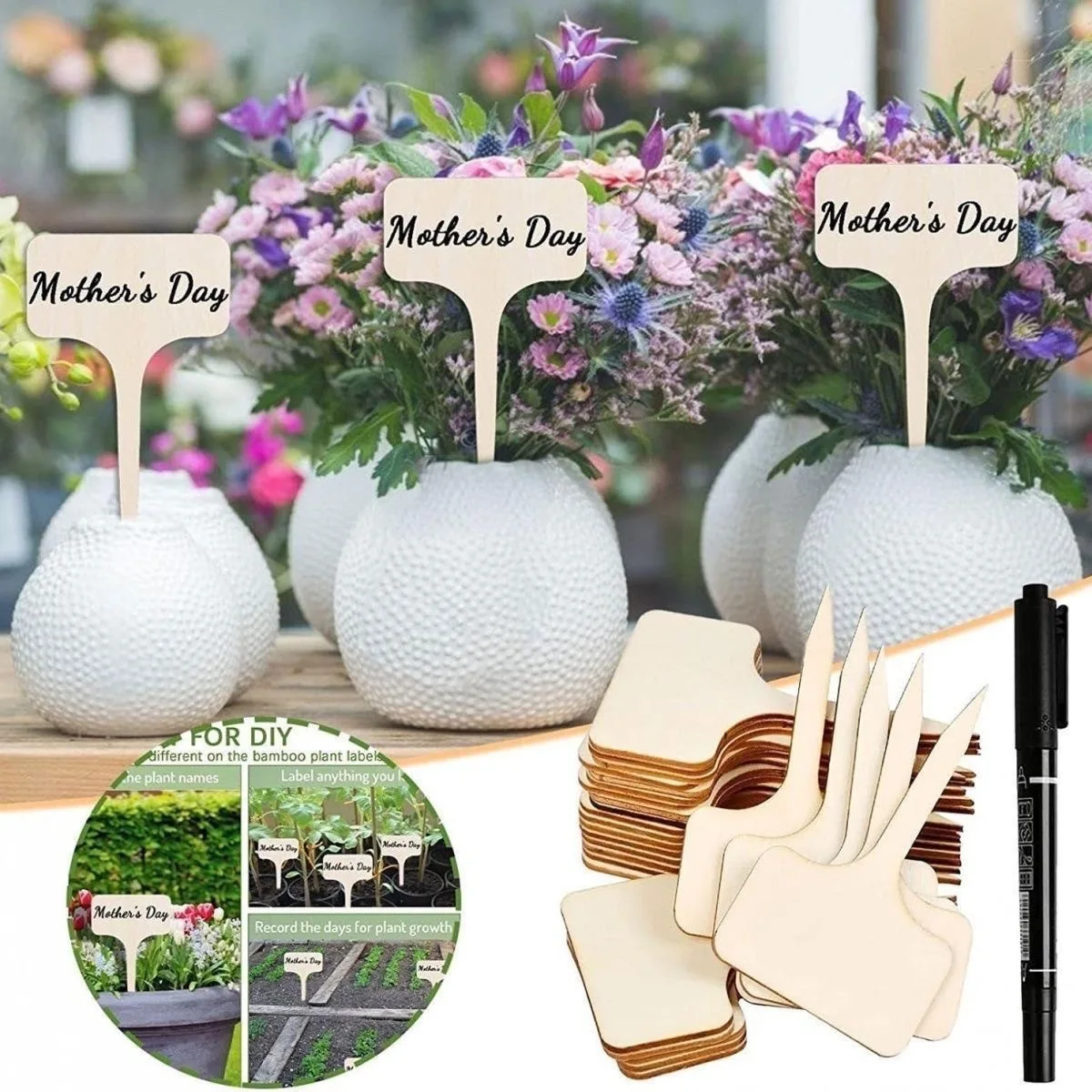 T-Shape Wood Plant Labels – 10Pcs Garden Marker Stakes, Durable Plug-In Ground Tags for Flowers, Seedlings & Potted Plants