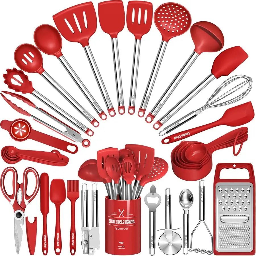

Utensils Set 34 PCs Cooking Utensils with Grater, Spoon Spatula, Heat Resistant Food Grade Silicone, Stainless Steel Handles Kit