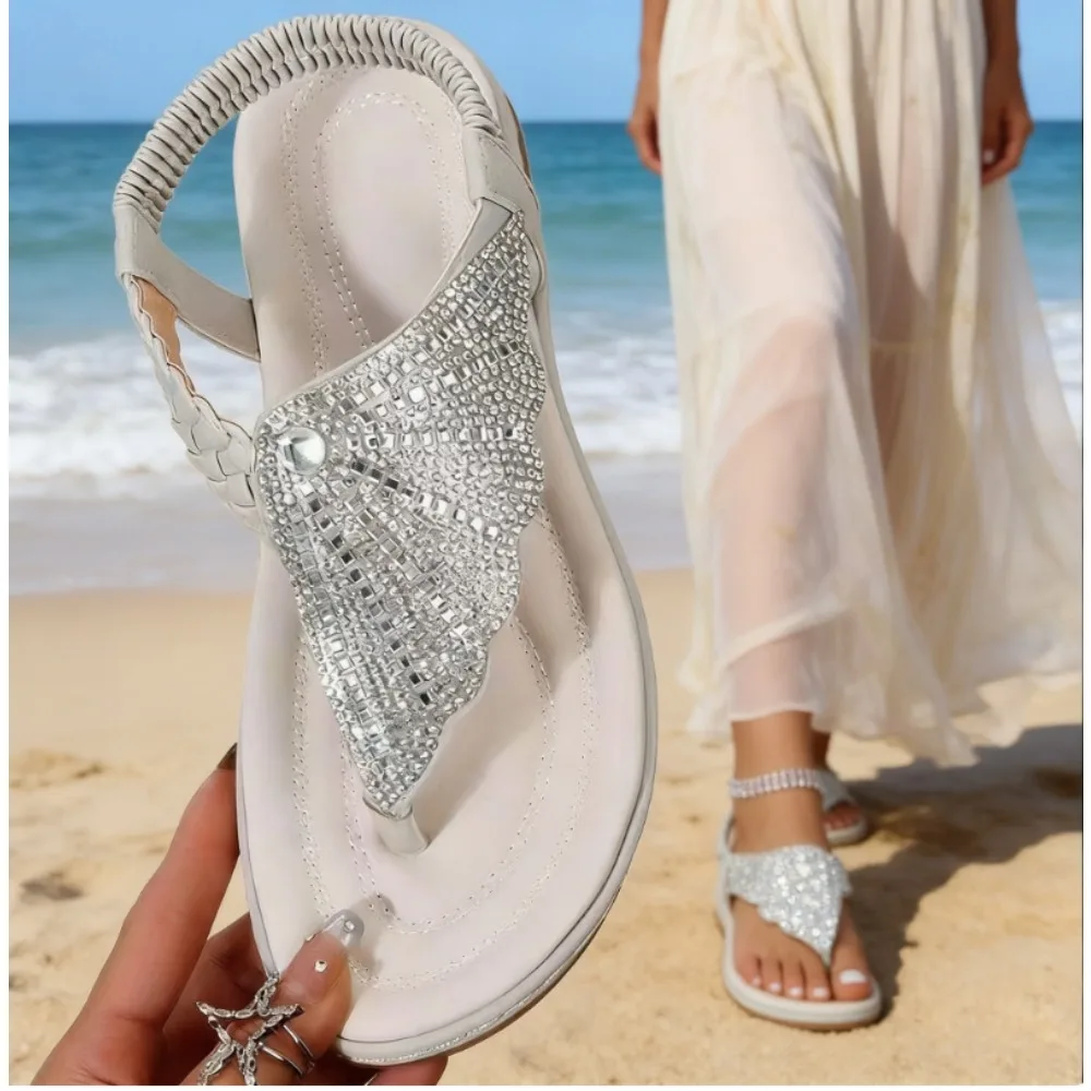

Новые женские пляжные сандалии-шлепанцы 2026 года с декором из стекла, модная летняя обувь
