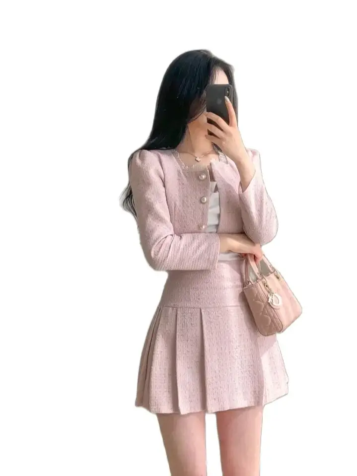 Small Fragrance Two Piece Set High Quality 2024 Spring Women Outfit Short Jacket +High Waist Pleated Skirt 2 Piece Sets