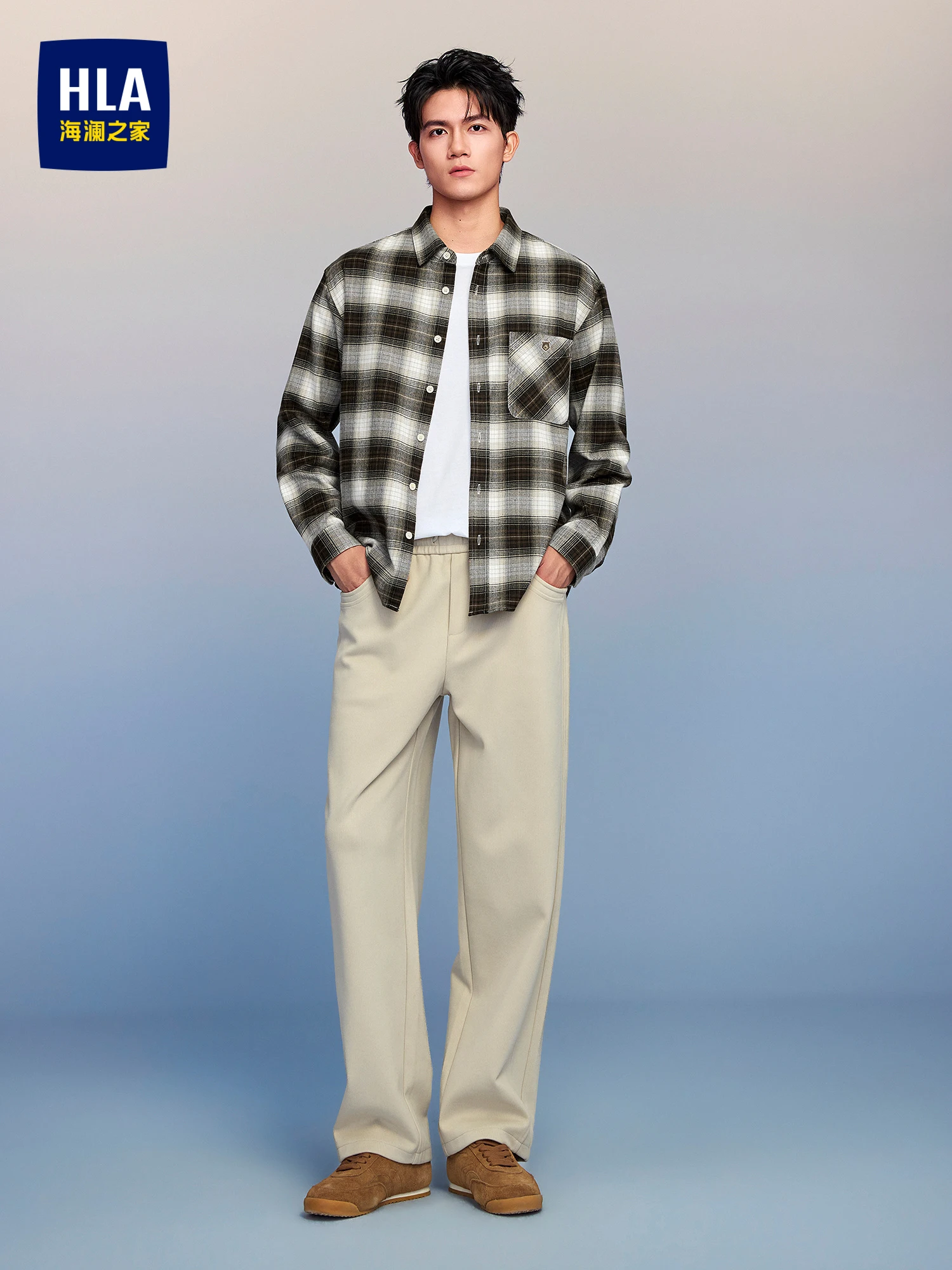 HLA  Home Autumn 2026 Men's Long Sleeve Shirt Embroidered Plaid Stand Collar Commuter Outerwear Fashion Urban Style
