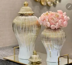 Ceramic Vase Golden Universal Jar Ceramic Gold-plated Striped Storage Jar with Lid Tabletop Decoration Container Storage Jar