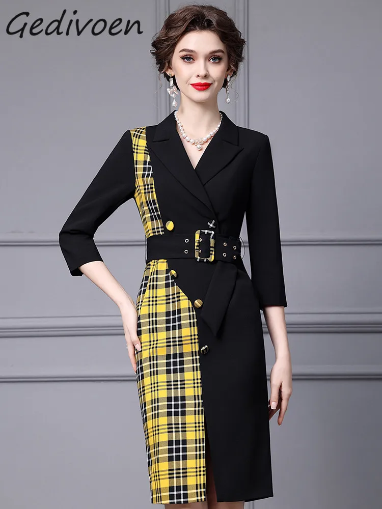 

Gedivoen Autumn Fashion Runway Office Lady Plaid Spliced Dress Women's Lapel Button Sashes Slim Package Buttocks Slit Long Dress