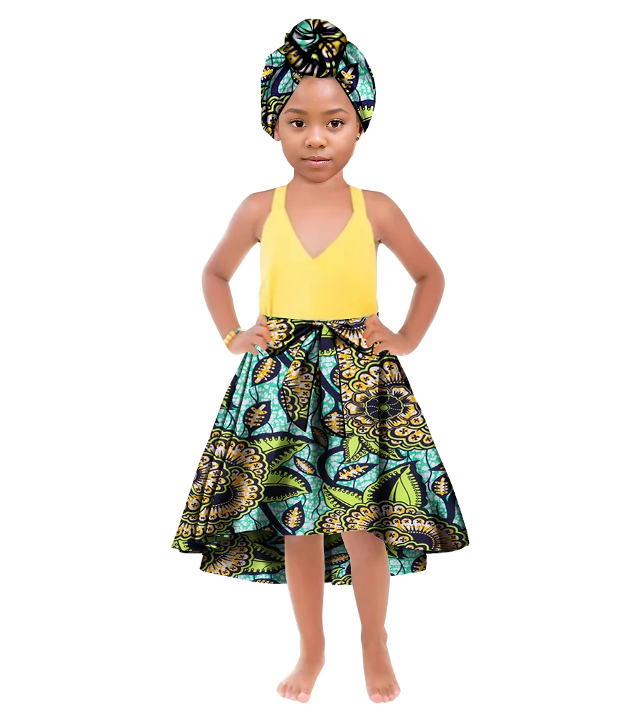 ORIENTAR-ropa africana para niña, falda larga con estampado de Ankala, pañuelo para la cabeza hasta las rodillas, ropa para niños WYT842