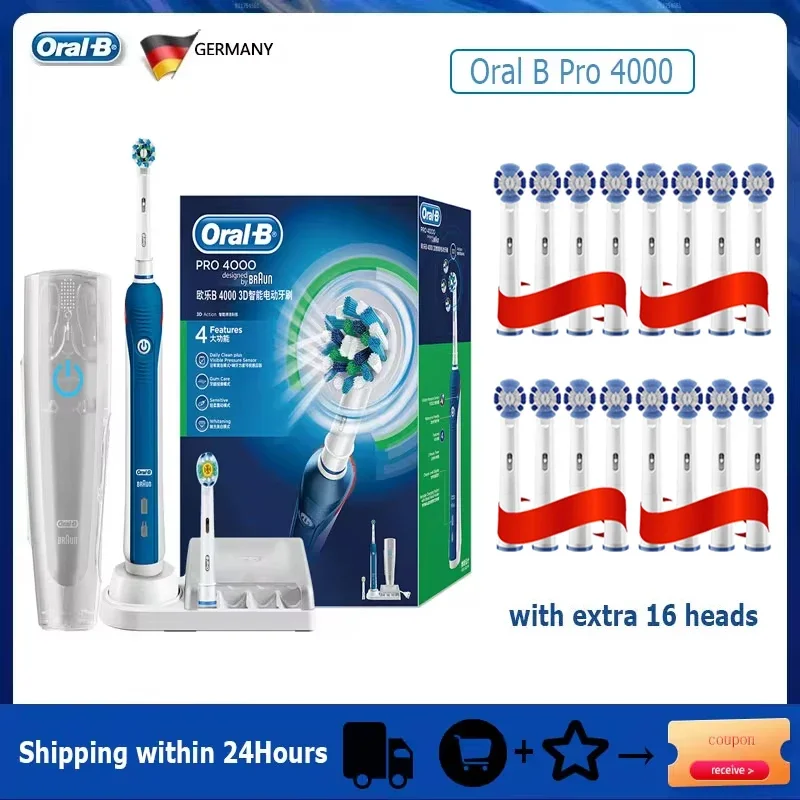 

Электрическая зубная щетка Oral B Pro 4000, перезаряжаемая, 3D видимый датчик давления, 4 режима, звуковая зубная щетка для взрослых, чистка полости рта