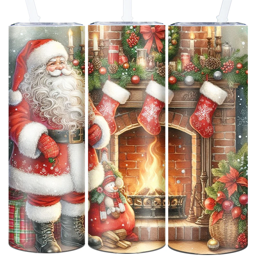 

1Pc Party Merry Christmas Tumblers Straw Lid 20oz 3D Print Stainless Insulated Coffee Mugs Santa Claus Reusable Party Supplies