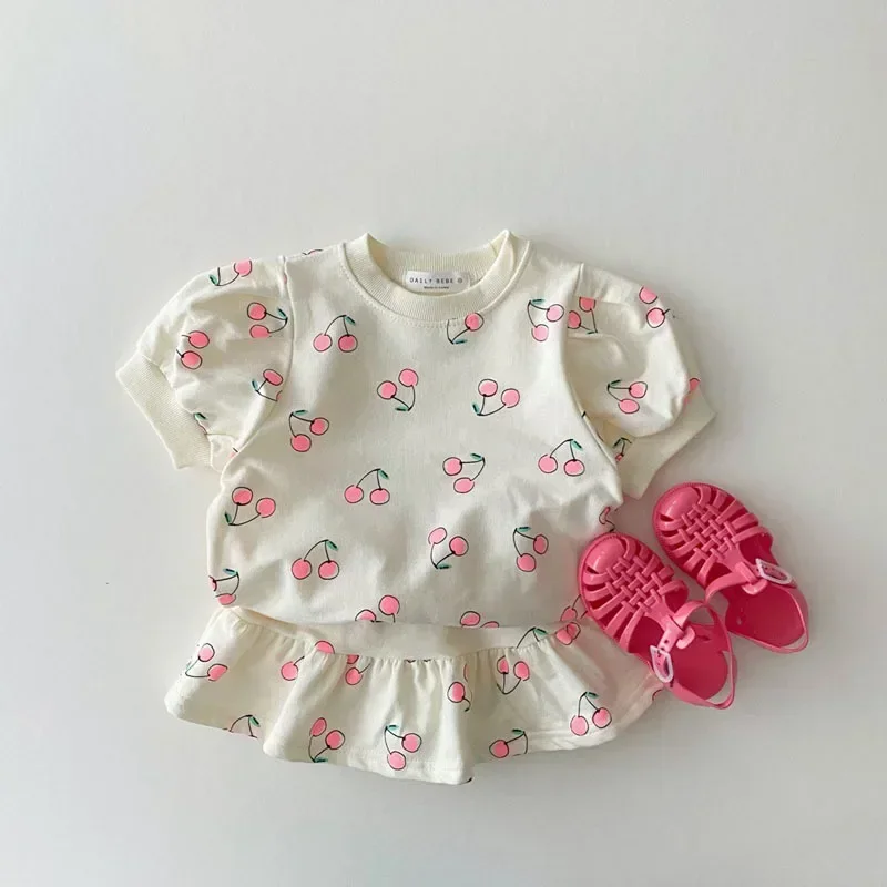 

Summer Girl Clothes Set Printed Cherry Short Sleeve T-shirt Skirts 2PCS Toddler Girl Suit Kids Infant Girl Outfit 1-5 Years