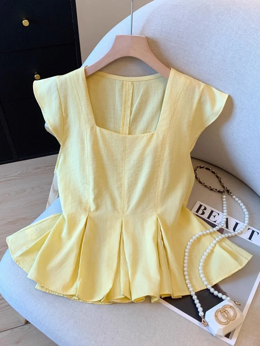 

Лимонно-желтый плиссированный утягивающий топ-жилет для женщин, летняя новинка, без рукавов, с воротником, прямого кроя, из полиэфирного волокна