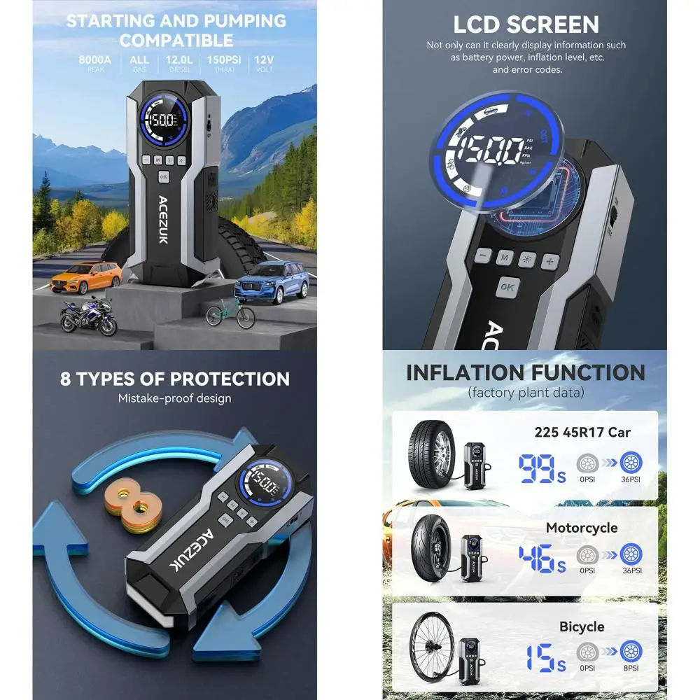 

Portable 8000A Jump Starter with Air Compressor, 150PSI for All Gas/10.0L Diesel Cars, 12V Battery Booster, LCD Display & LED Li