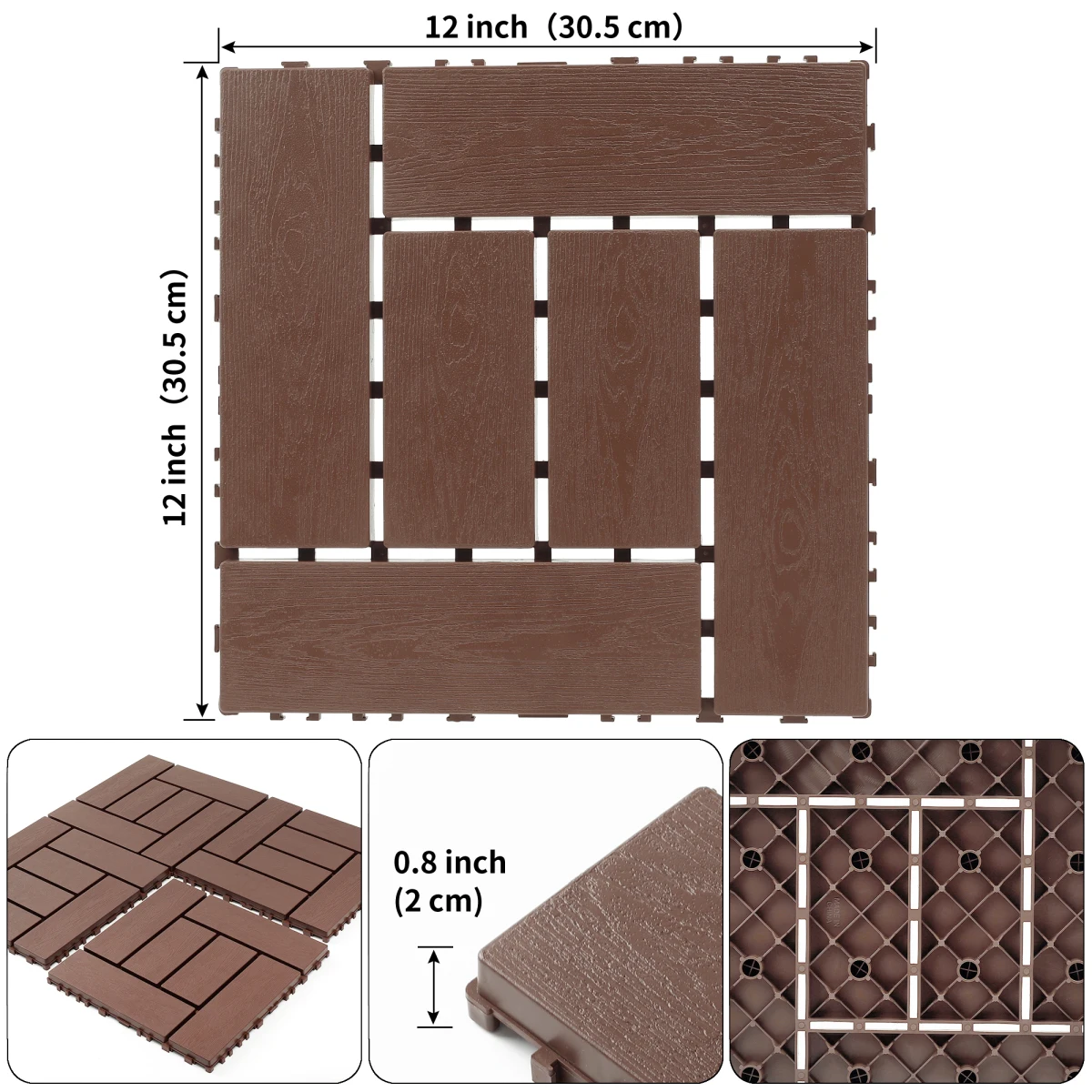 12-Inch ZZ Style Interlocking Deck Tiles, DIY Modular Interlocking Decking Floor Tiles, Indoor and Outdoor Floor Tiles, Courtyard Floor Tiles That Easy to Install Quickly, 44 Pieces, Brown RR