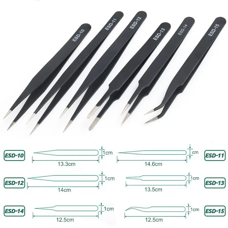 ESD Stainless Steel Tweezers 6Pcs Set Precision Maintenance Industrial Repair Curved Tool Home Working Model Making Hand Tool