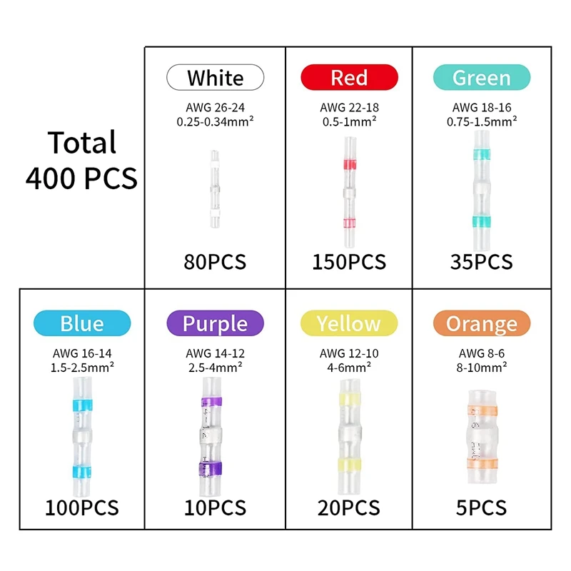 400PCS Solder Seal Wire Connectors, Heat Shrink Butt Solder Stick Wire Electrical Connector Kit (26-6 Gauge)