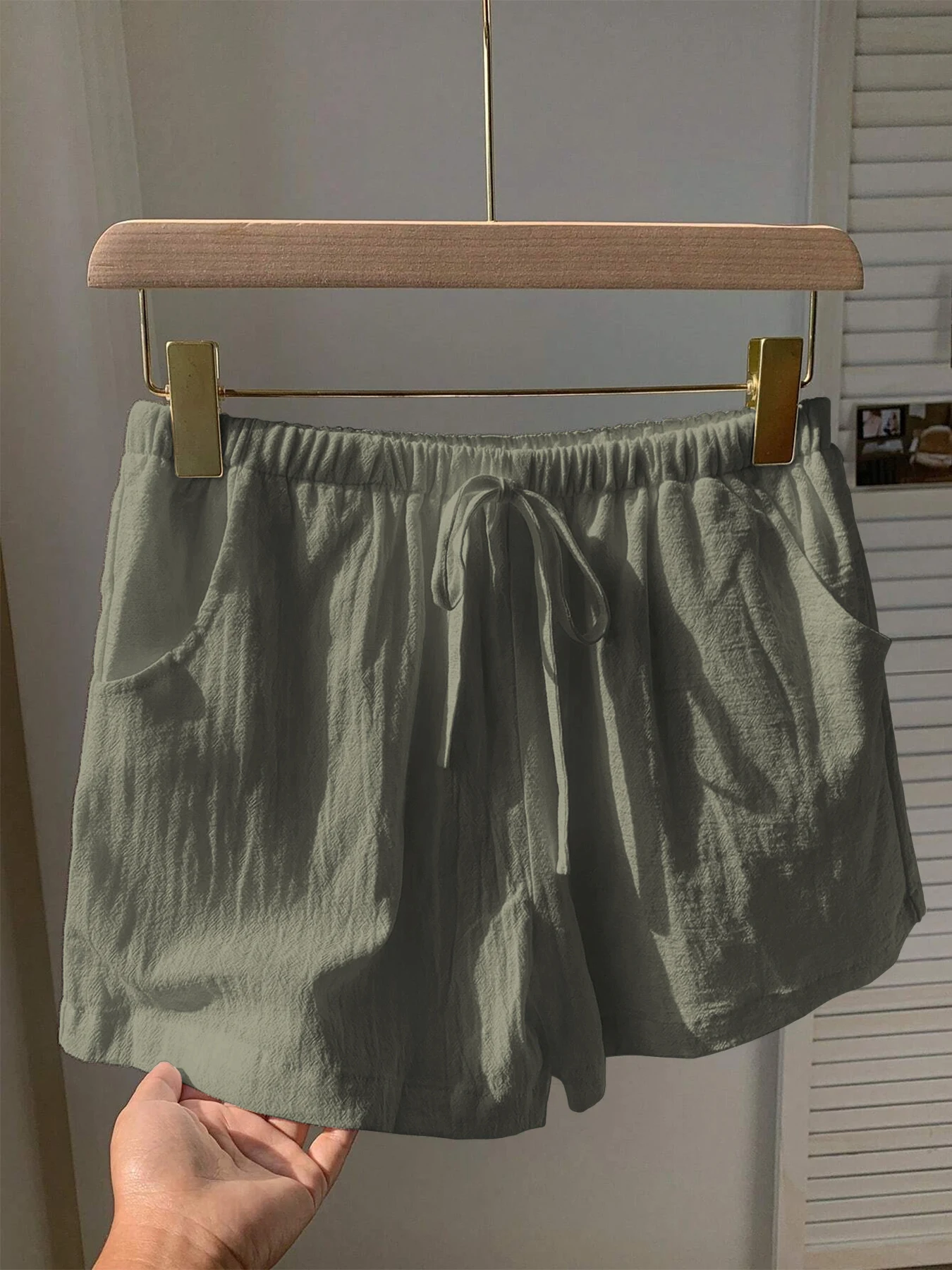 Damen Neue Frühling-Sommer Leinen Einfarbige Lässige Sport-Shorts mit Elastischem Bund und Kordelzug – Detail 12