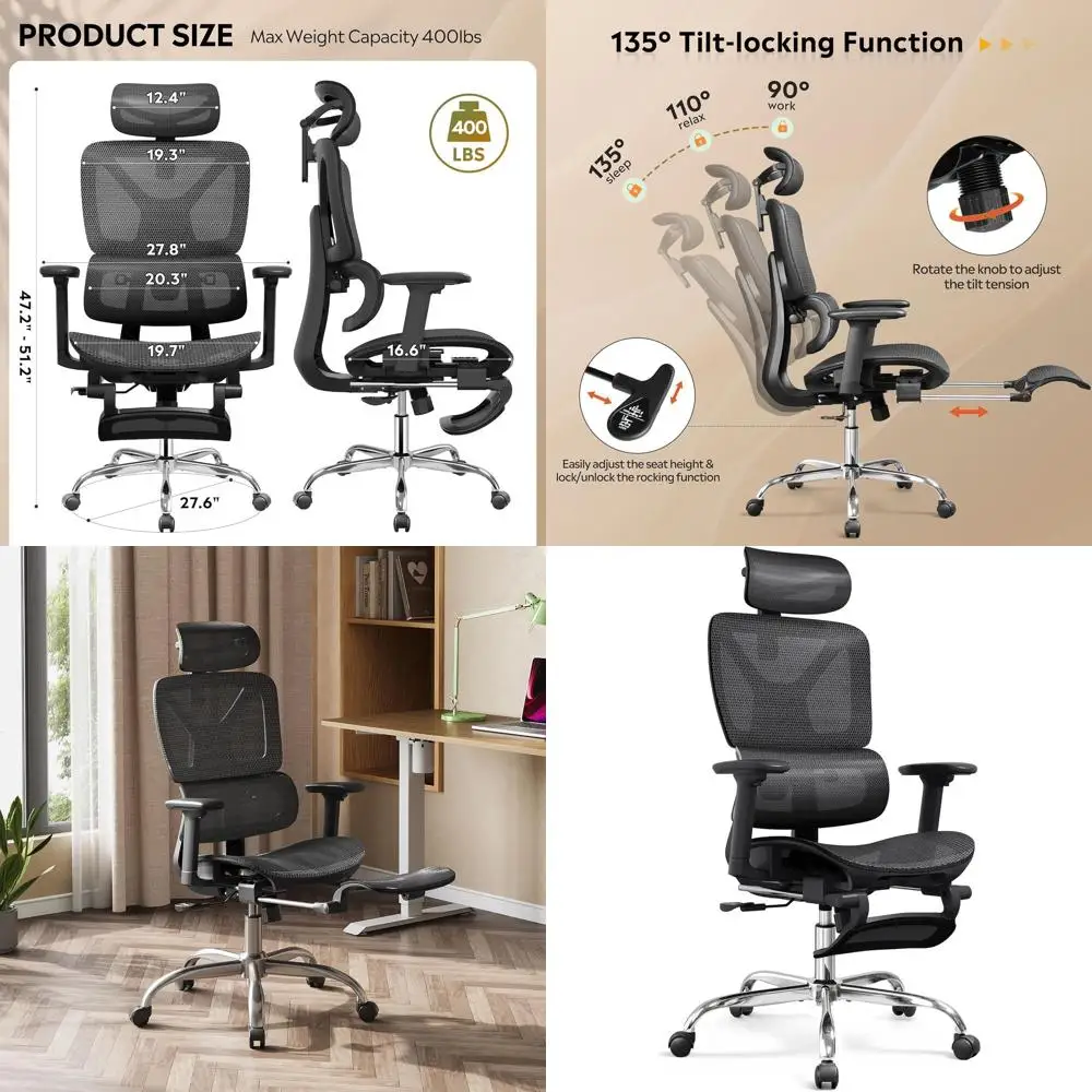 

Эргономичное офисное кресло с высокой спинкой, подставкой для ног, усиленной конструкцией, поясничной опорой, газлифтом класса 4, черное