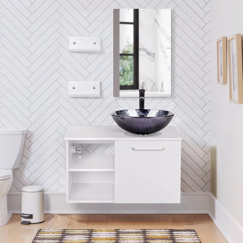 

Белый туалетный столик для ванной комнаты, стеклянный контейнер, раковина, настенный плавающий контейнер для хранения