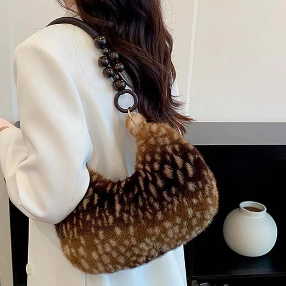 Underarm Bag Deer Print Crescent Bag Wooden Beads Large Capacity Handbag Soft Trendy Design Faux Fur Tote Travel
