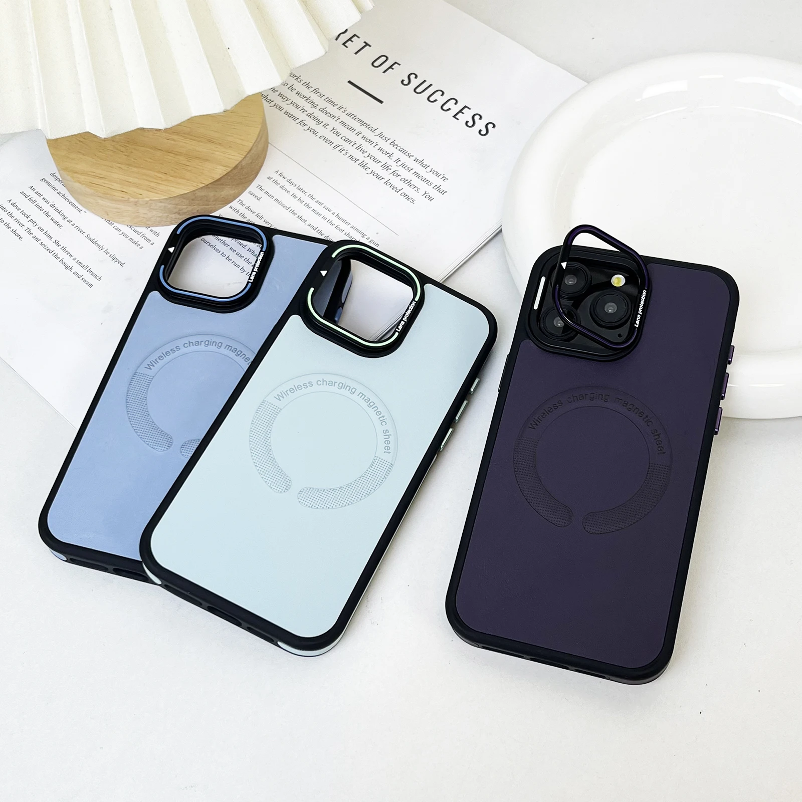 

Luxury Solid Color Leather Magnetic Cover For iPhone 12 13 14 15 16 Pro Max Plus With Holder Shockproof Magsafe Phone Case New