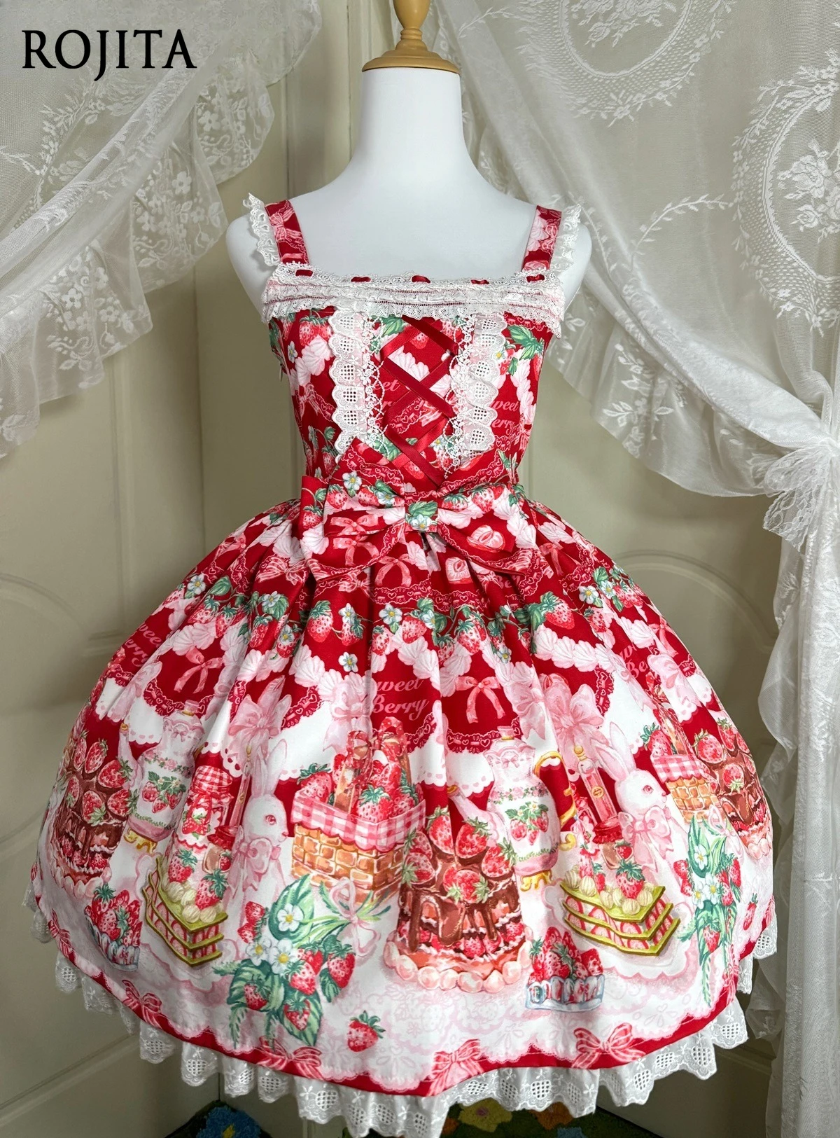 

Strawberry Cocoa Sauce Original Authentic Lolita Strawberry JSK Sweet Print A-line Short Dress for Women Summer Strap Dress
