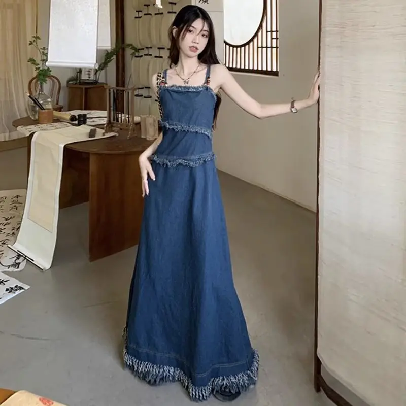 

Temperament Mid-Length Denim Strap Skirt Women Spring Autumn New Niche Slim Design Suspender Dress