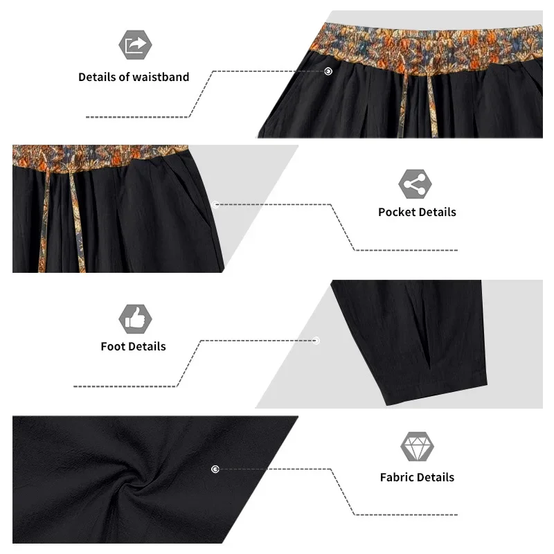 Herren 95% Leinen Haremshose Boho Blumenmuster Kordelzug Taille Lässige Weite Hose Strand Urlaub Knöchellange Hose – Detail 30