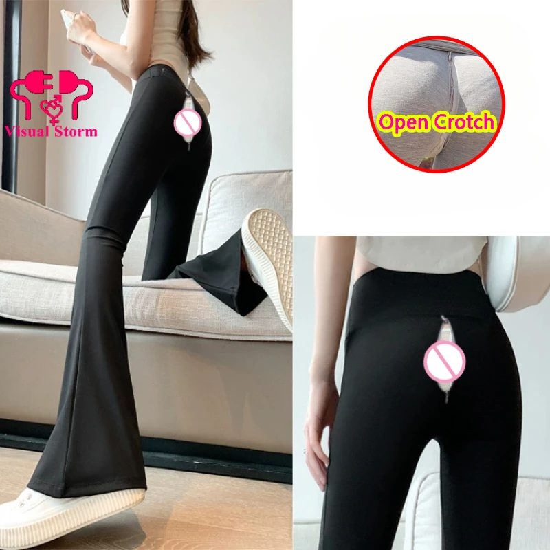 Skinny Woman Open Crotch Sexy Leggings Hidden Zippers Double Pockets Sport Fitness Clubwear Invisible Hot Pants Crotchless Cloth