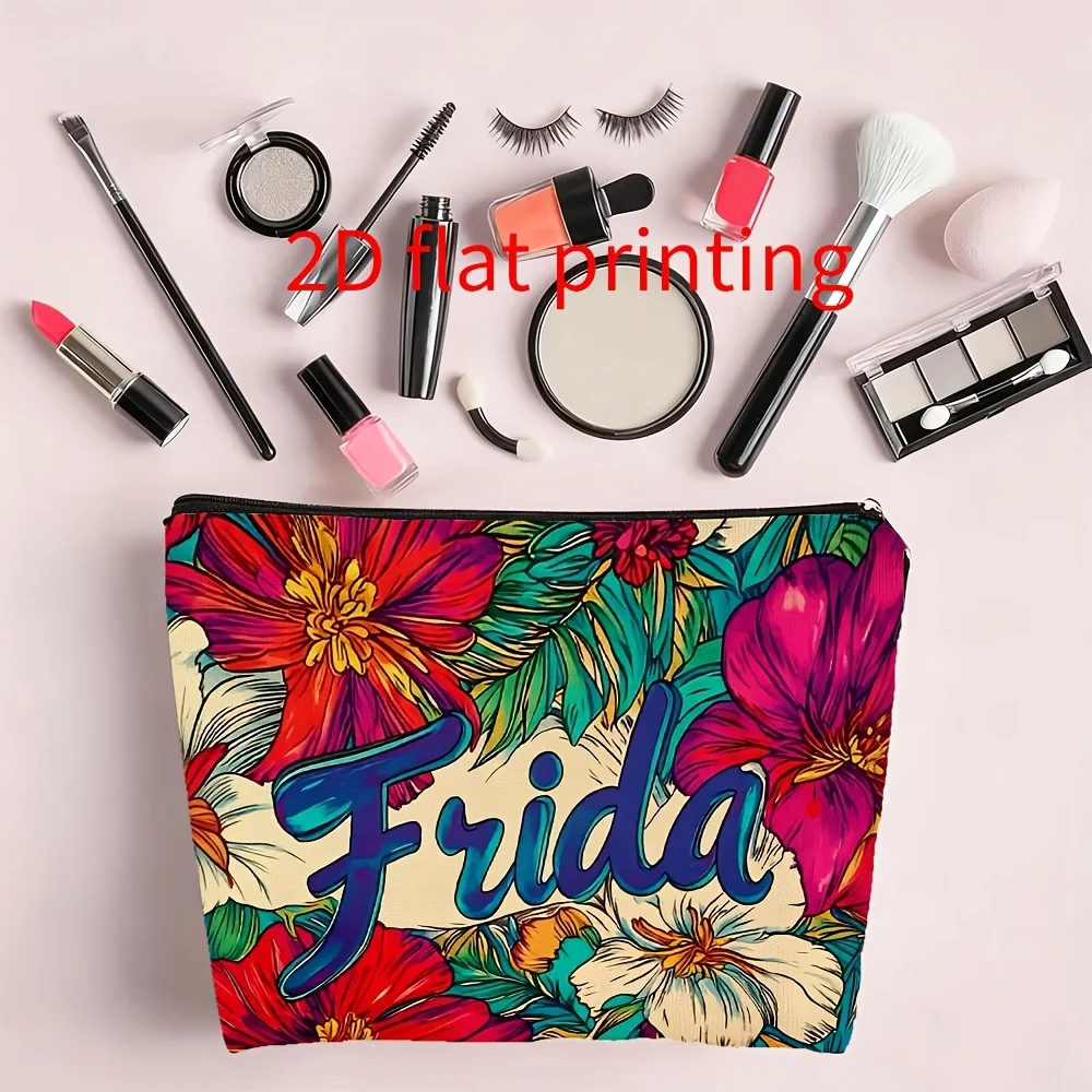 1 Piece of a Makeup Bag with Frida Art Floral Print - Multifunctional Zipper Pouch for Women, Perfect Travel Zipper Storage Bag, Fun Birthday Gift