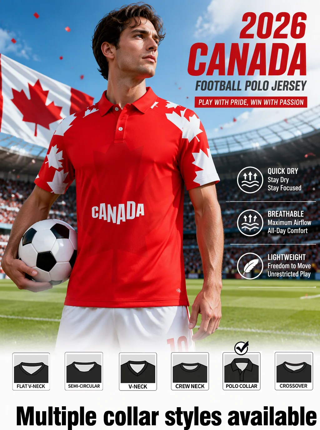 2026 Canada football polo jersey, classic red‑toned top with scattered maple‑leaf prints and quick‑dry fabric