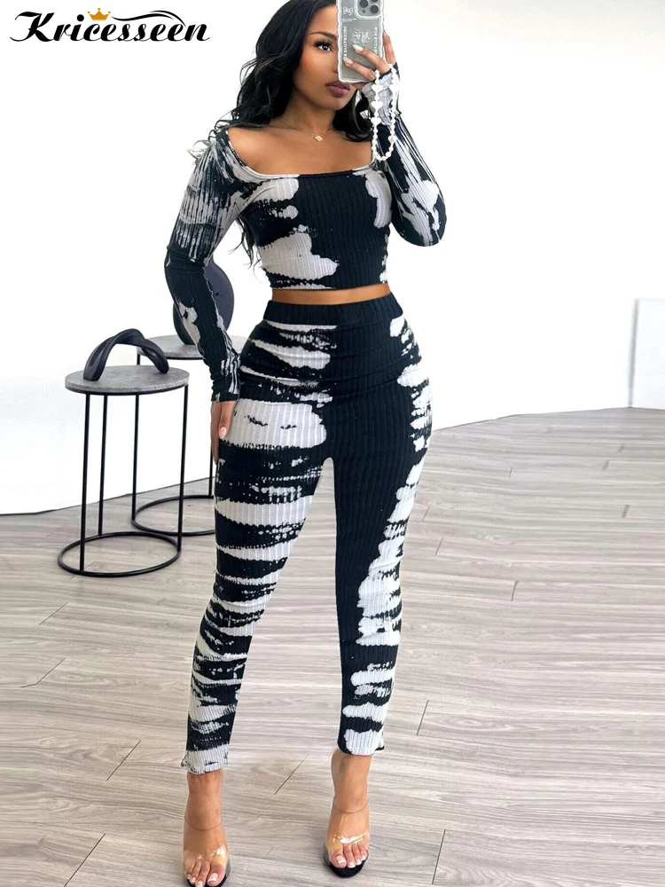 Kricesseen Women Casual Simplicity Mixed Printing Contrast Ribbed Tracksuit Set Womens Clothing Two Piece Set Night Club Outfits