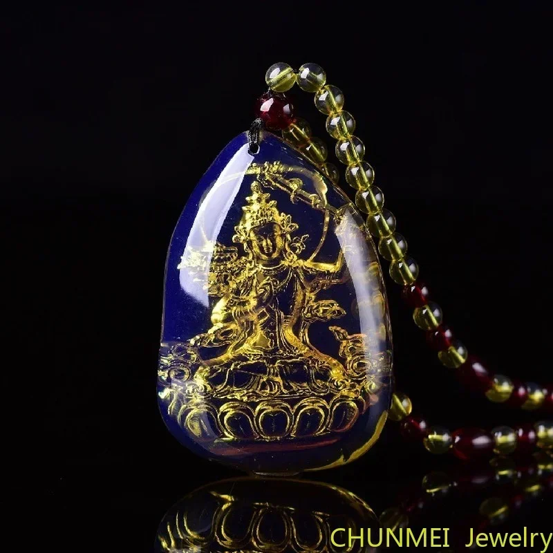 Dominica Blue Amber Buddhism Guanyin pendant Hand grinding carved peace Buddhism pendants jewelry making Simple Sweater