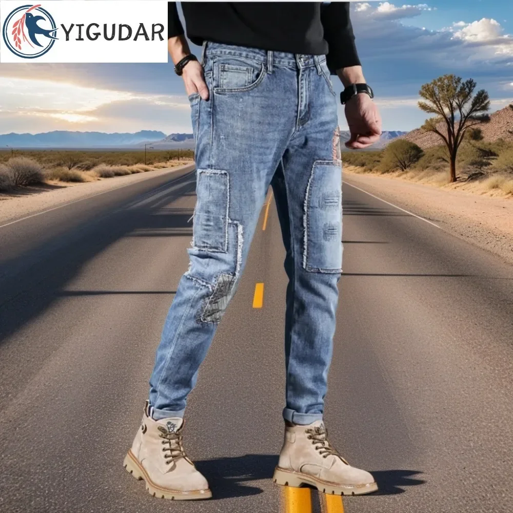 Lightweight Printed Men Jeans Custom Embroidered Logo Men' Street Style Patched Straight Leg Pants Mens Distressed Pencil Jeans