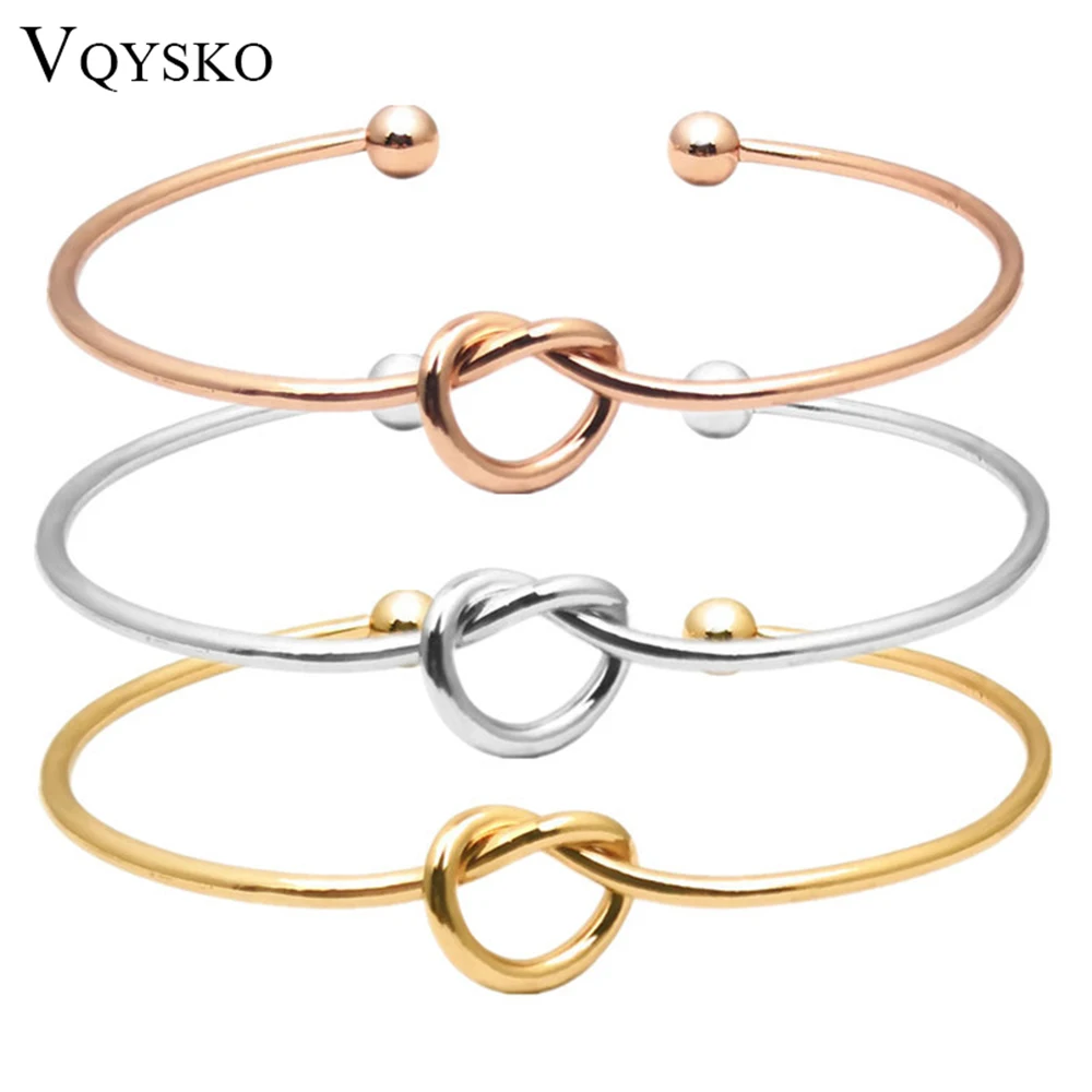 VQYSKO Love Knot Bracelet Stainless Steel Dainty Adjustable opening Bangle Wedding Bracelet Bridesmaid Jewelry Gift For Her