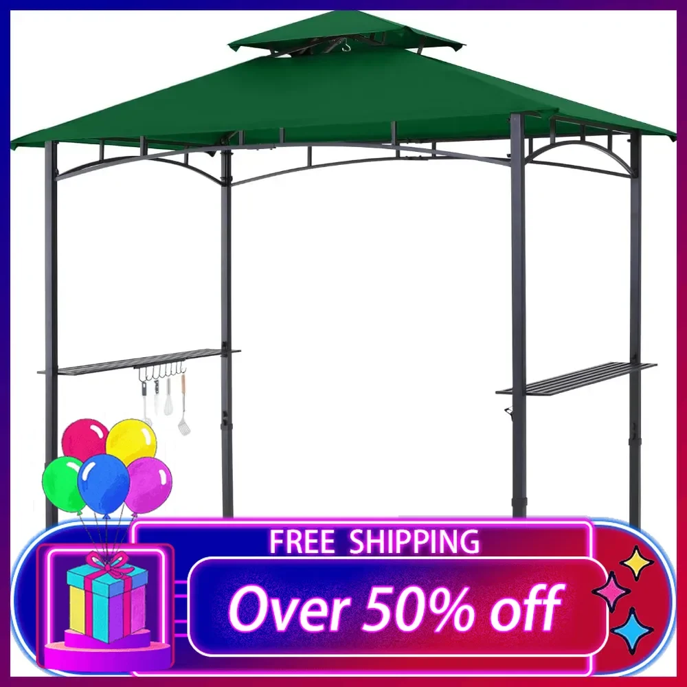 

8'x 5' Grill Gazebo Shelter, Outdoor BBQ Gazebo Canopy with LED Light (Green), All Season Waterproof Gazebo