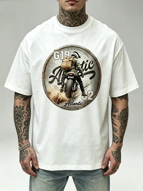 Unisex Vintage Round Metal Badge Motorcycle Front Print T-Shirt Men Women Oversized Atlantic G1982 Biker Graphic Tee Retro Motorbike Casual Cotton Streetwear Short Sleeve Tops