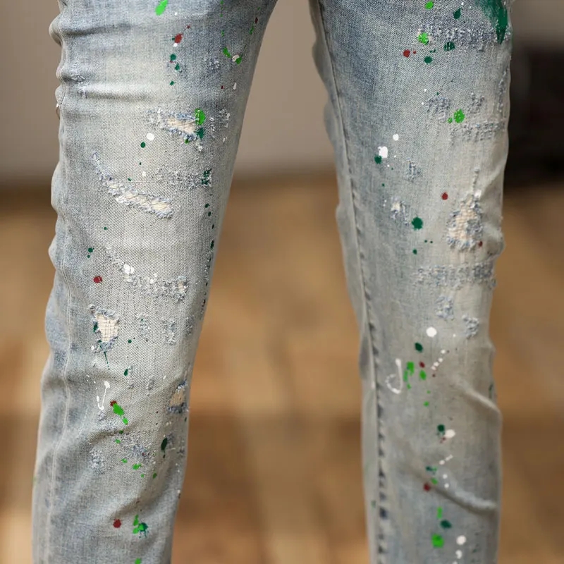 High Street Fashion Men Jeans Retro Light Blue Stretch Skinny Fit Ripped Jeans Men Painted Designer Hip Hop Denim Pencil Pants