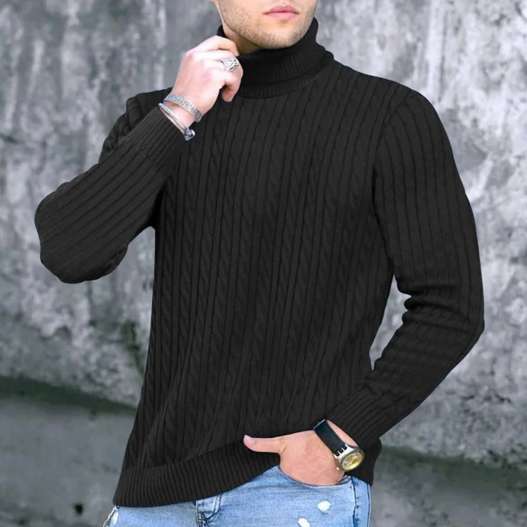 Autumn Winter New Men's Knit Sweater High Neck Warmth Fashion Solid Color Slim Fit Male Bottoming Tops Jacquard Pullovers