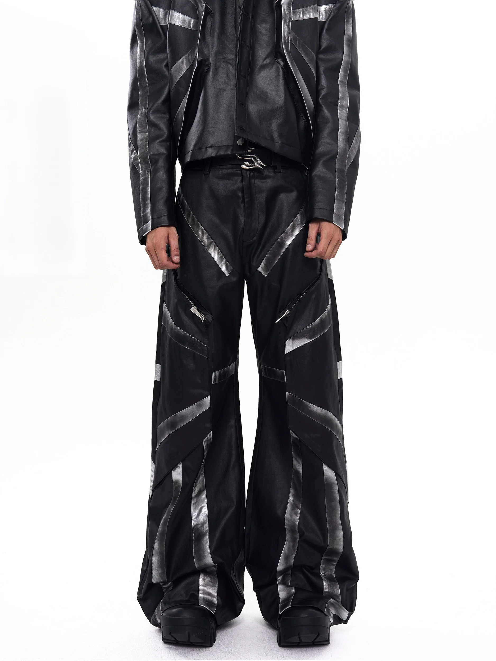 

Start Exceed End Black Casual Pants Men's Autumn New Style Youthful Straight Leg Patchwork Leather Trousers Trendy Fashion