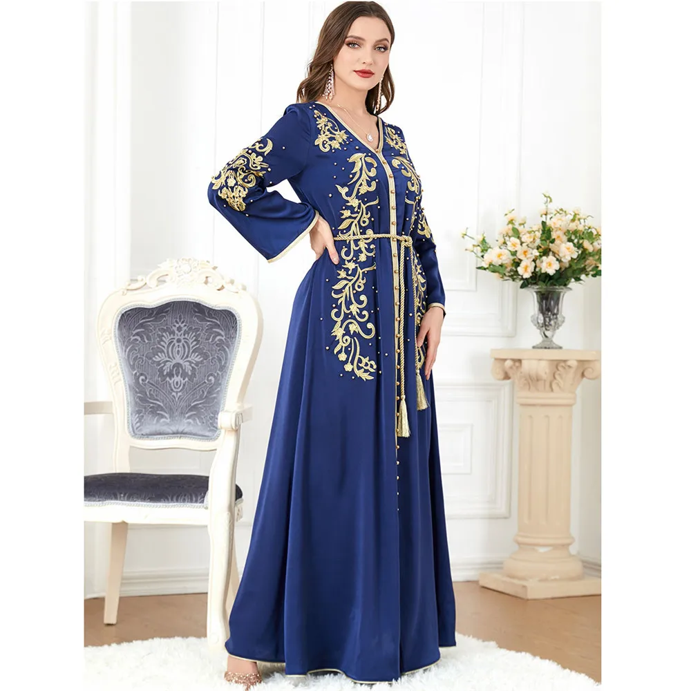 Eid Mubarak Djellaba Beaded Embroidered Muslim Women Maxi Dress Ramadan 2024 Fashion Abaya Dubai Turkey Kaftan Islamic Jalabiya