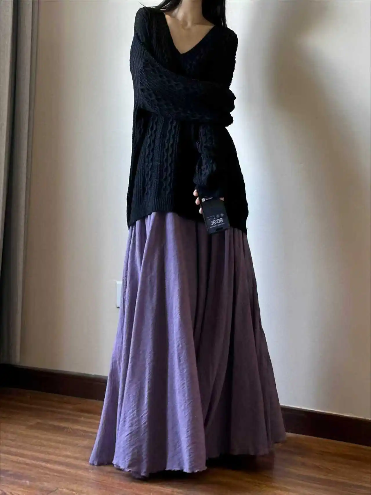 

Retro Japanese Purple Cotton Linen A-Line Skirt Women's Autumn Winter New High Waist Slim Artistic Umbrella Skirt