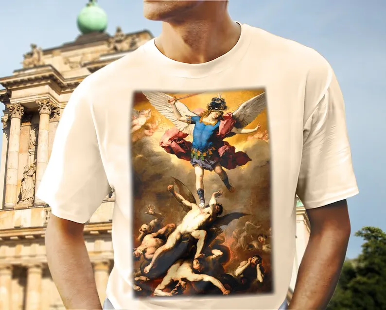 Saint Michael Archangel Destroys the Devil V21 Mens unisex T Shirt all sizes S-5XL 8 colors Catholic Religious Design