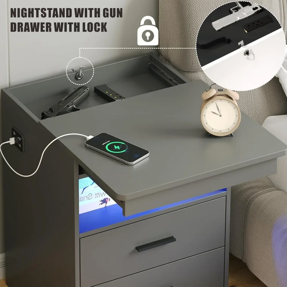 Nightstand with Gun Drawer, Charging Bedside Table with USB & Type-C Port, LED Night Stand with Human Sensor , Modern End Table