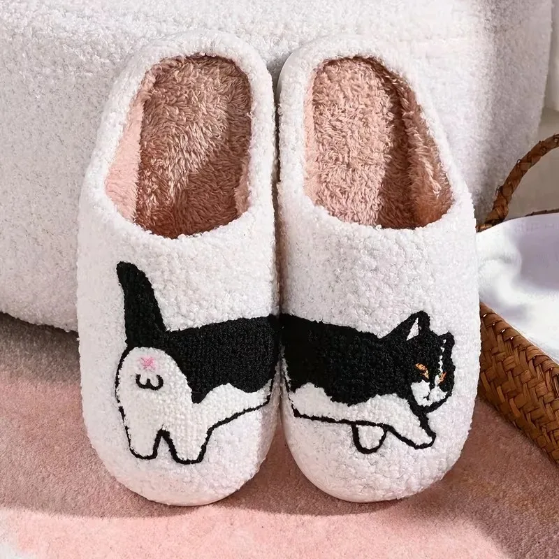 1-4pairs Cute Cow Print Plush Slippers Thick Fleece Lined Warm Non Slip Cotton Home Shoes for Women Girls Winter