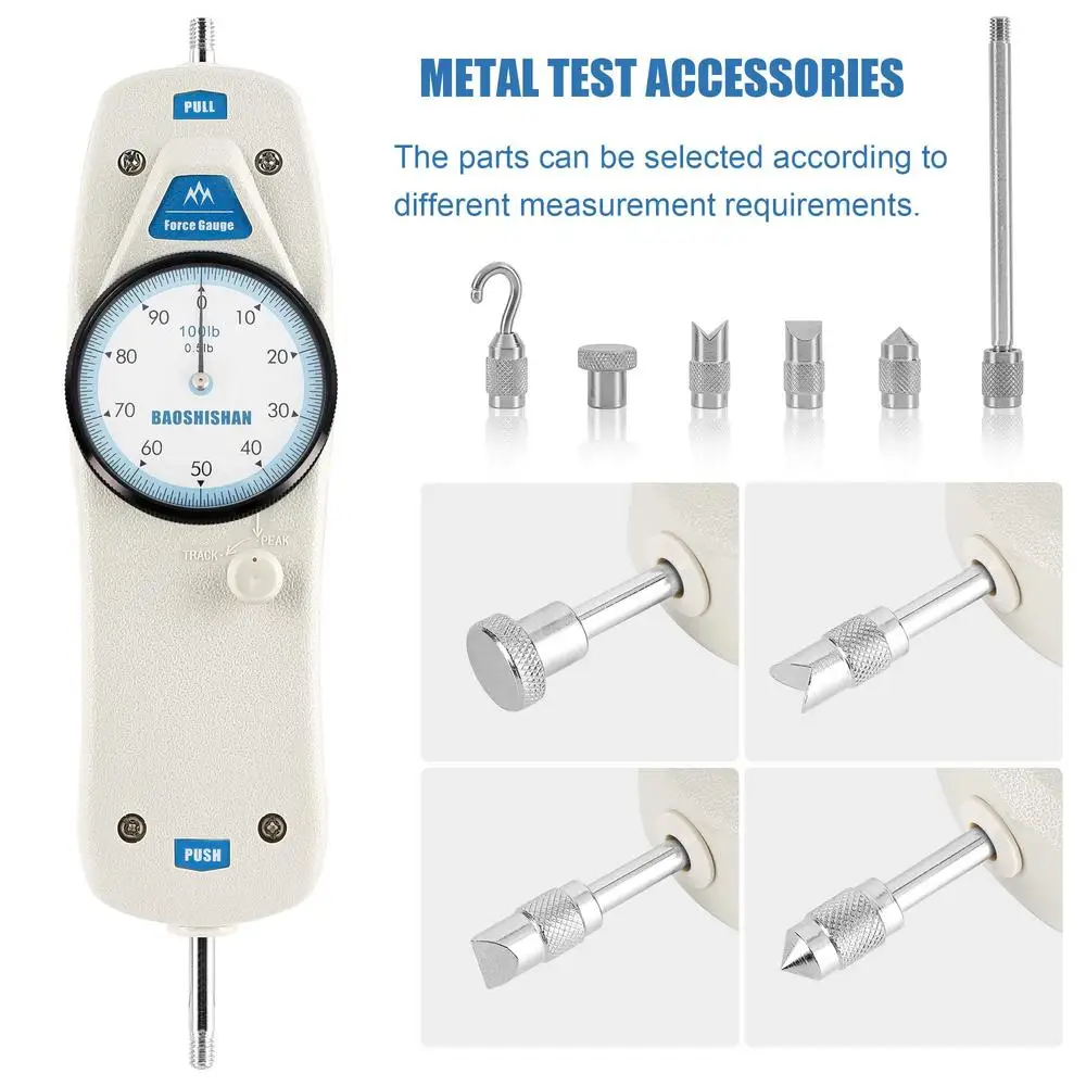 Medidor de fuerza de 100lb con certificado de calibración, accesorios de Estuche de transporte, función de pico/pista, amplia aplicación
