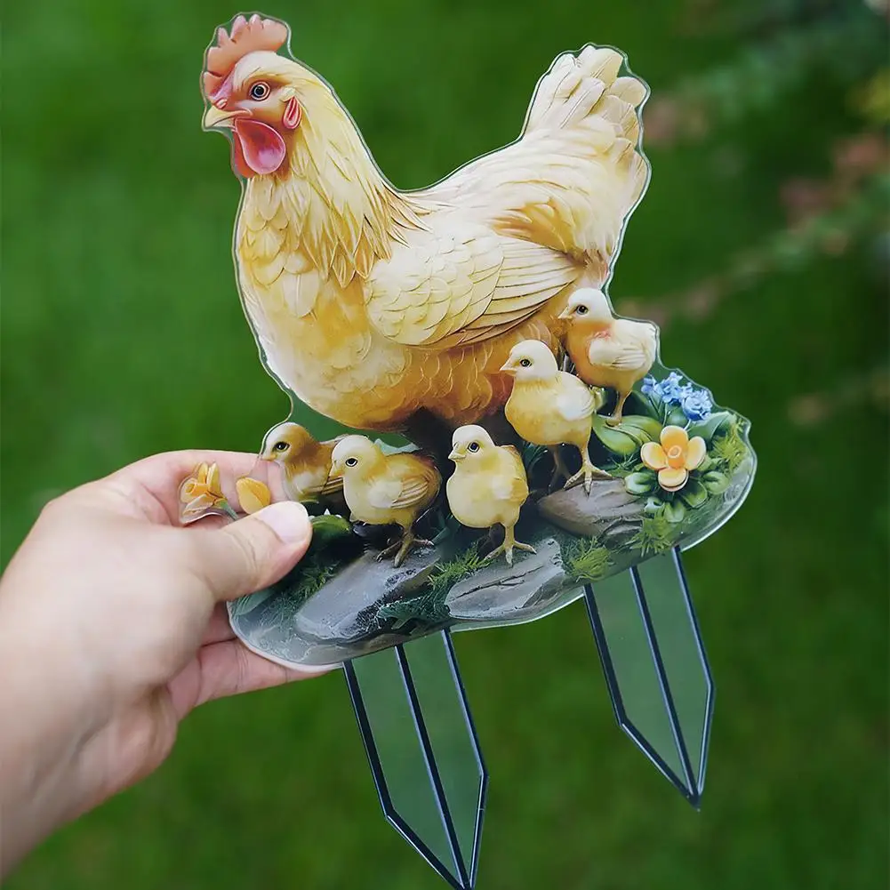 Cute Hen and Chicks Garden Stake, 2D Acrylic Yard Art Decor, Waterproof Outdoor Lawn Ornament for Courtyard Garden Patio