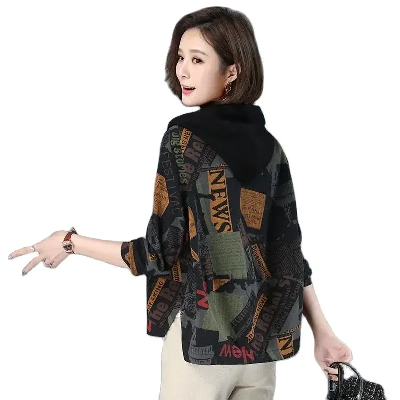 Women\'s Spring Autumn Jacket 2023 New Fashion Loose Printing Coat Hooded Zipper Join Together Leisure 5XL Outerwear Female