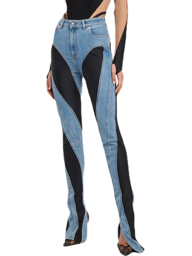 Fashion Designer Color Block Women\'s Jeans Slim Deconstruct Panelled Patchwork High Waist Split Blue Long Denim Pants Autumn